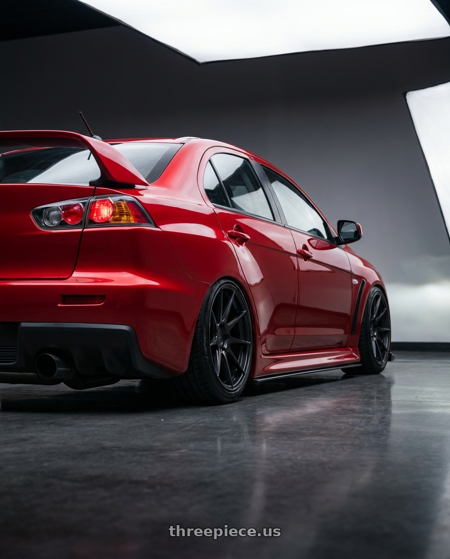 2012 Mitsubishi Lancer Evo X with Aodhan AH09 5x114.3 18x9.5 +35 Hyper Black wheels rear three quarter view slight stretch tires