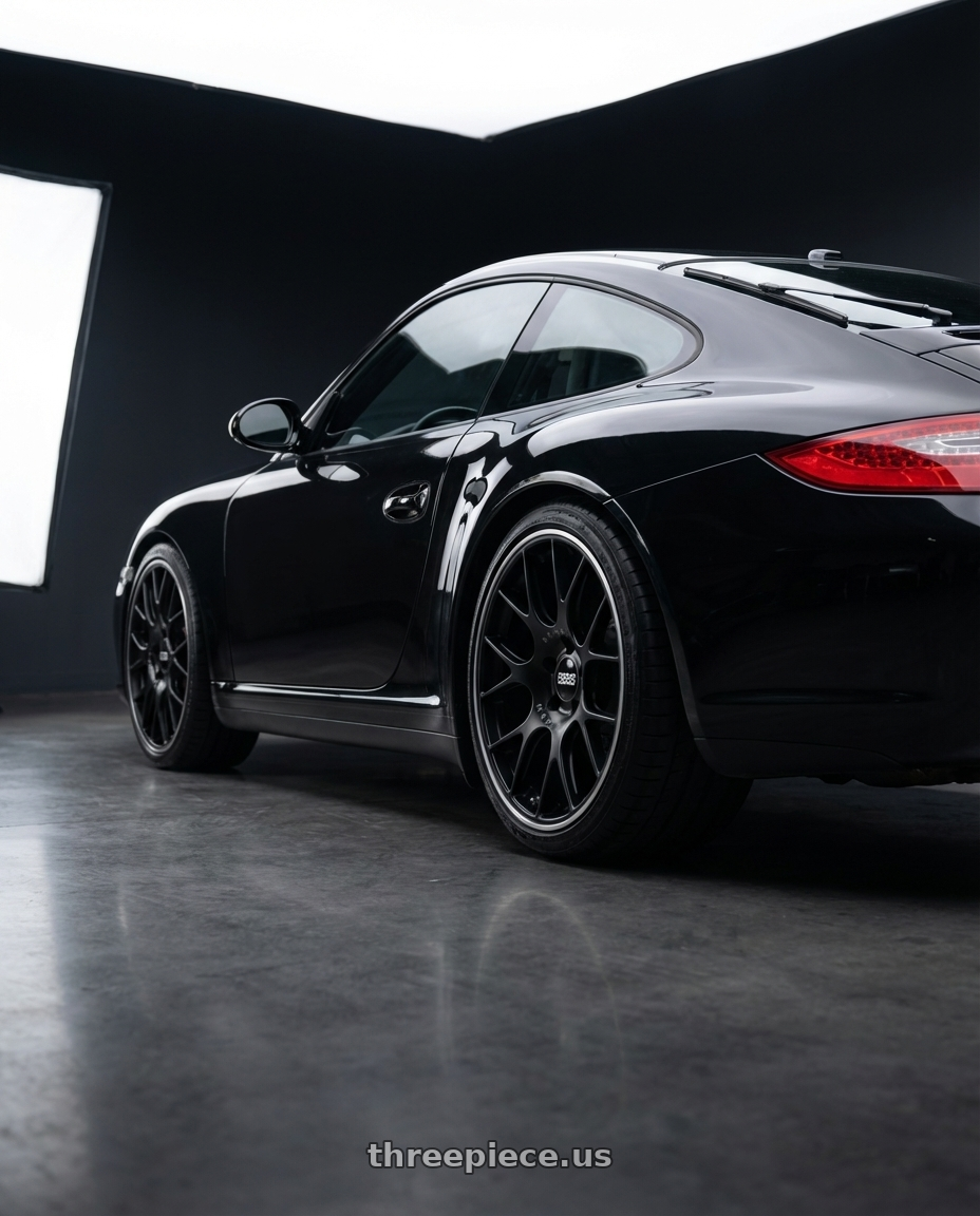 2011 porsche 911 with BBS CH-R 5x130 19x11 +56 Satin Black Polished Rim Protector wheels rear three quarter view square tires