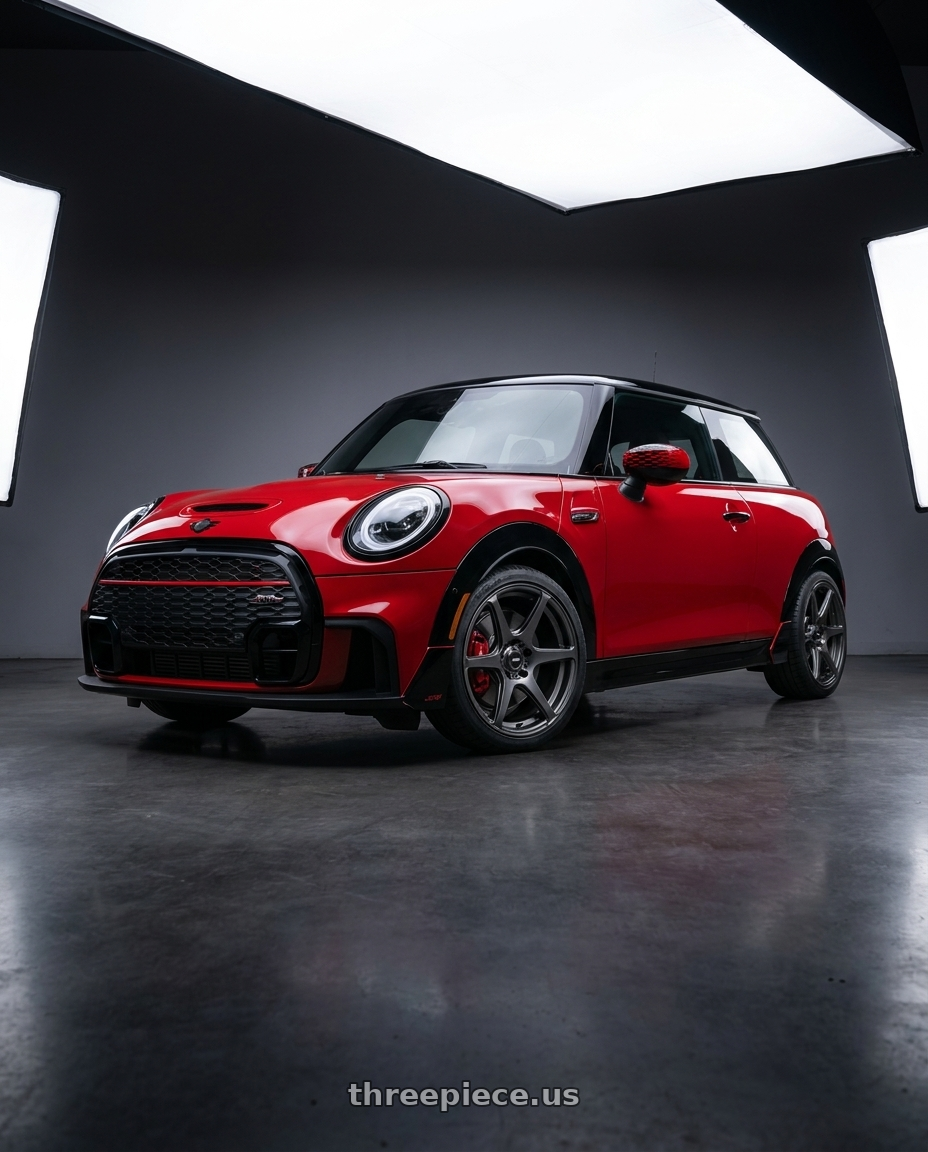 2025 mini jcw red with Konig 104GG Tandem 5x112 18x8 +43 Gloss Graphite wheels
