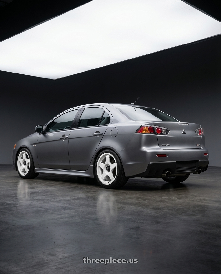 2014 Mitsubishi Lancer Ralliart with fifteen52 CHICANE 5x114.3 / 5x100 18x8.5 +35 RALLY WHITE (GLOSS WHITE) wheels rear three quarter view square tires