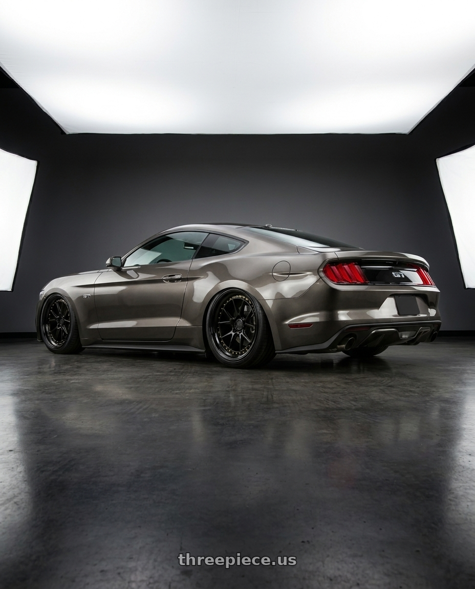 2015 Mustang gt with Aodhan DS08 5X114.3 19x9.5+30 Gloss Black W /Gold Rivets wheels rear three quarter view slight stretch tires