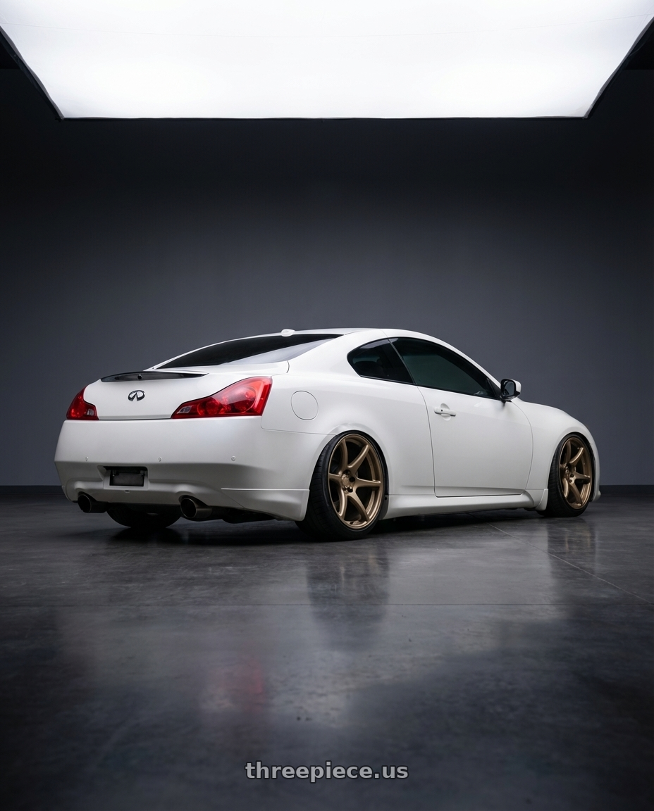 2014 Infiniti G37 Coupe with Kansei K11B Tandem 5x114.3 19x9.5 22 Bronze wheels rear three quarter view slight stretch tires