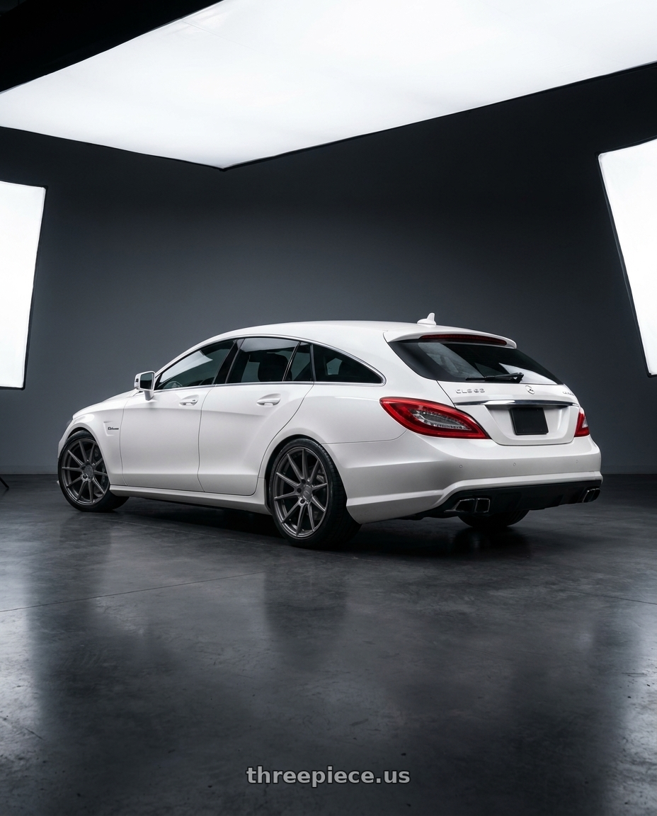 2013 Mercedes Benz X218 White Cls63 Shooting Brake with Niche 1PC M116 MISANO 5X115 18X8 +40 MATTE GUN METAL wheels rear three quarter view square tires