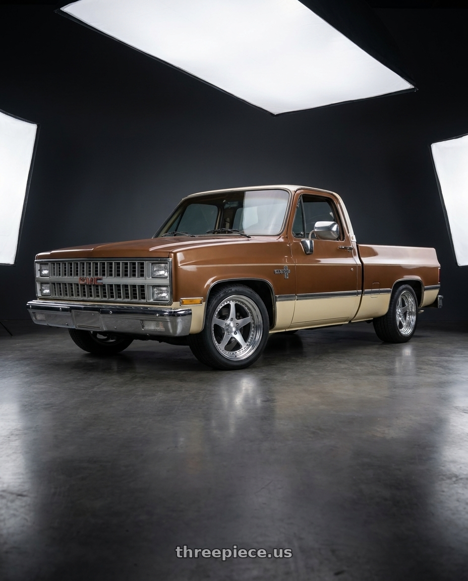 1981 GMC C1500 with CCW SA50 5x127 18x8.5 +12 Polished wheels front three quarter view stock stance