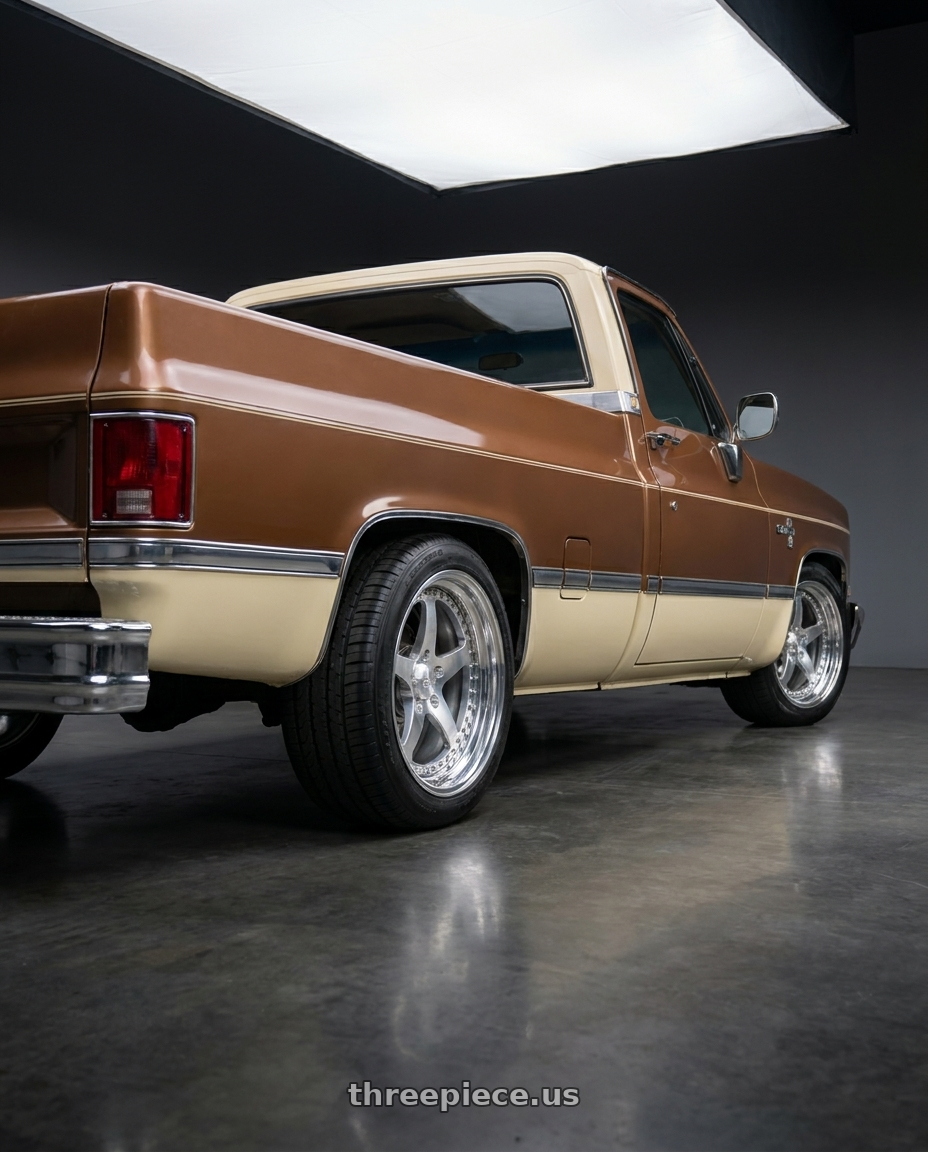 1981 GMC C1500 with CCW SA50 5x127 18x8.5 +12 Polished wheels rear three quarter view square tires