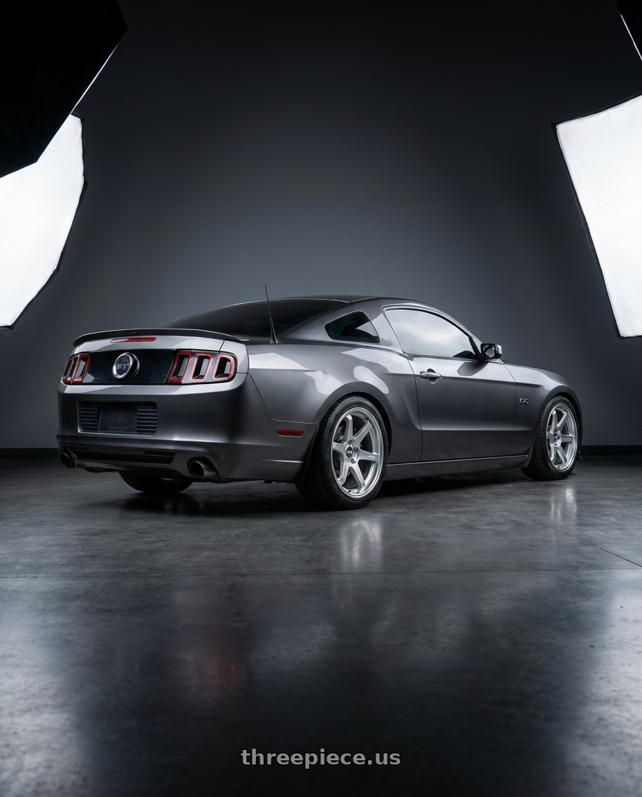 2014 ford Mustang gt with ESR Wheels APEX SERIES APX6 5x114.3 19x11 +36 Hyper Silver wheels rear three quarter view square tires