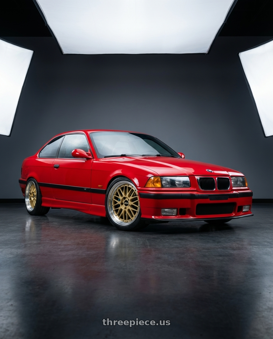 1998 BMW M3 with BBS LM 5x114.3 18x9.0+42 Gold wheels front three quarter view stock stance