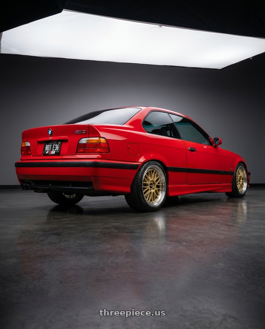 1998 BMW M3 with BBS LM 5x114.3 18x9.0+42 Gold wheels rear three quarter view square tires