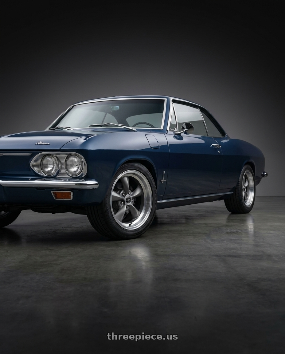 1965 Chevrolet Corvair with Vision American-Muscle 148 Shift 5x120.65 15x8+0 Satin Grey Machined Face/Lip wheels