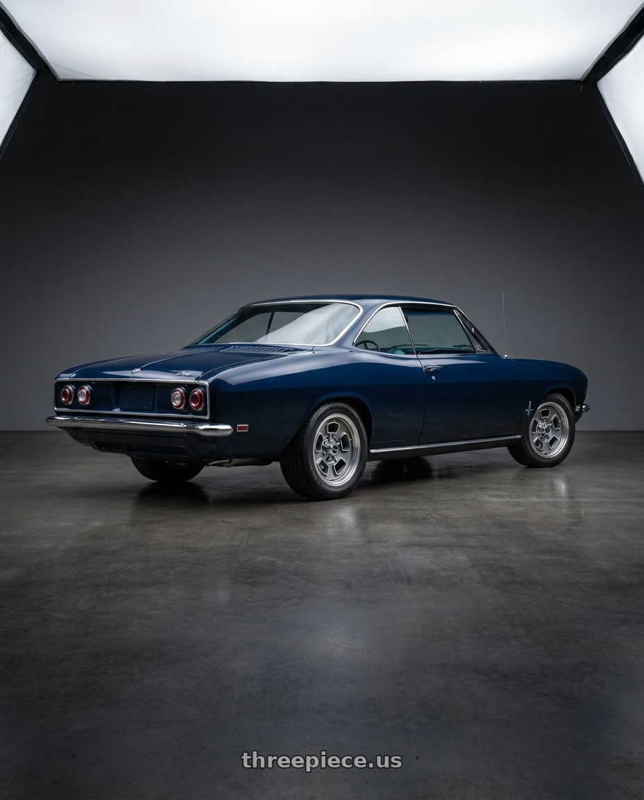 1965 Chevrolet Corvair with Vision American-Muscle 148 Shift 5x120.65 15x8+0 Satin Grey Machined Face/Lip wheels rear three quarter view square tires