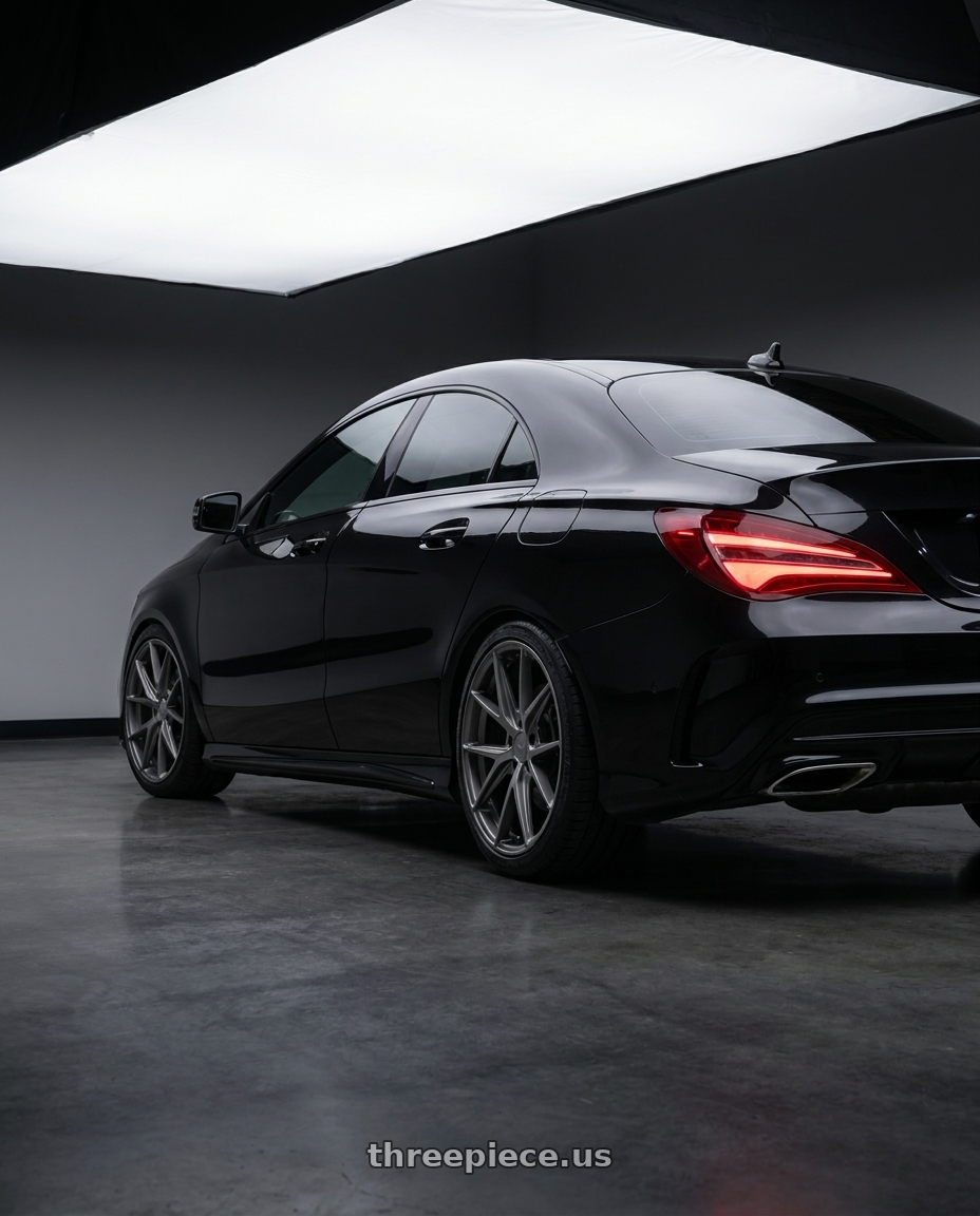 2018 Mercedes-Benz CLA C117 with Niche 1PC M116 MISANO 5X112 19X8.5 +42 MATTE GUN METAL wheels rear three quarter view square tires