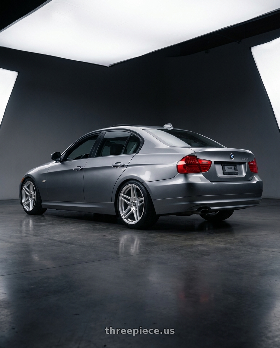2011 bmw 328xi with ESR Wheels RF15 5x120 18x9.5 +22 Brushed Hyper Silver wheels rear three quarter view square tires