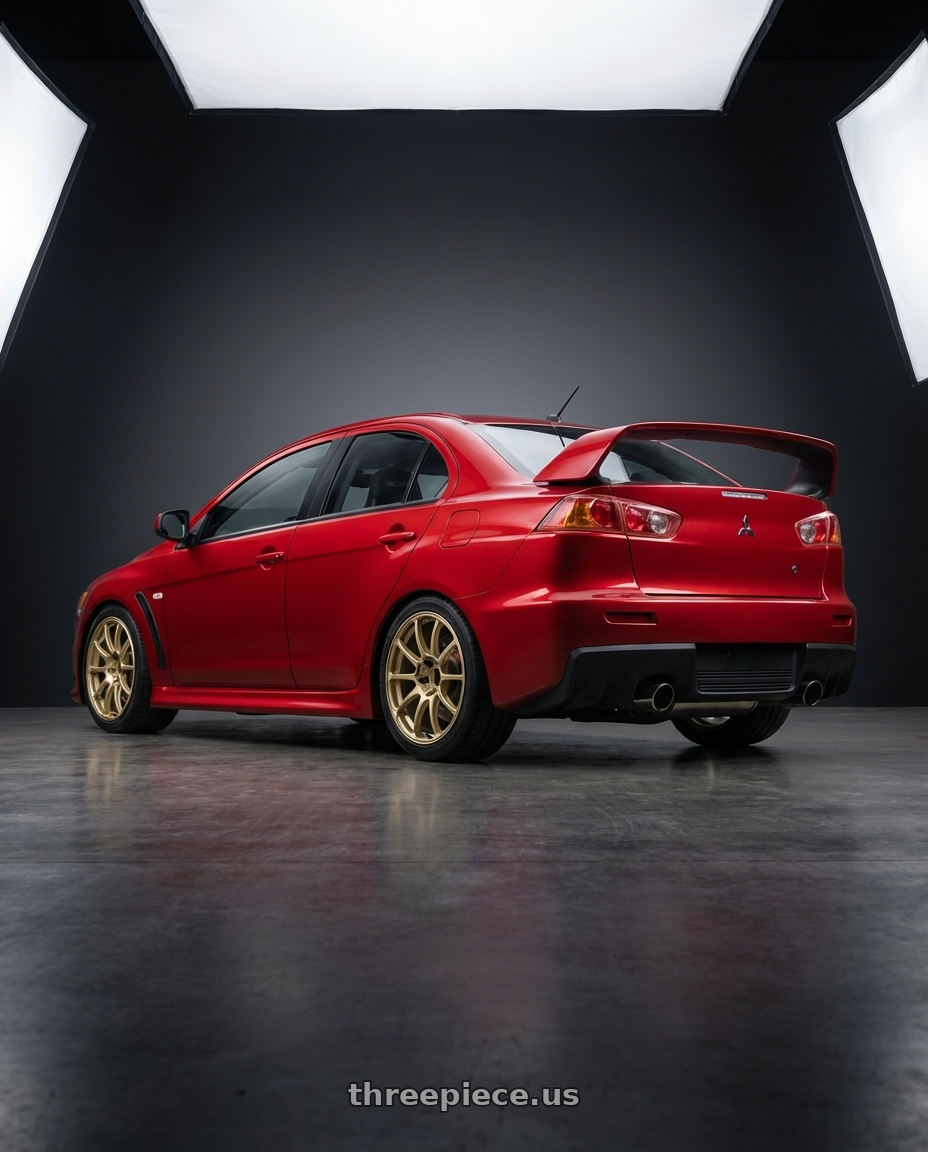 2012 Mitsubishi Lancer Evo X with Advan RCIII 5x114.3 18x7.5+45 Gold wheels rear three quarter view square tires