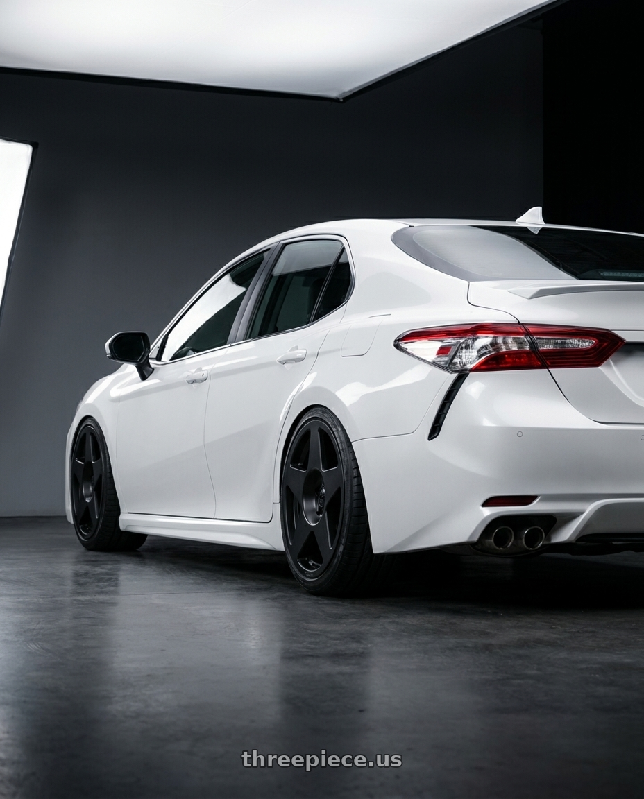 2020 toyota  Camry  with fifteen52 TARMAC 5x114.3 18x8.5 +30 ASPHALT BLACK (SATIN BLACK) wheels rear three quarter view extreme stretch tires