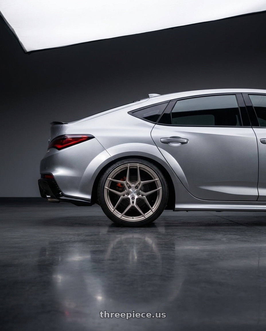 2025 Acura Integra Type S with Rohana RFX11 5x120 19x9.5+35 Brushed Titanium wheels rear three quarter view square tires