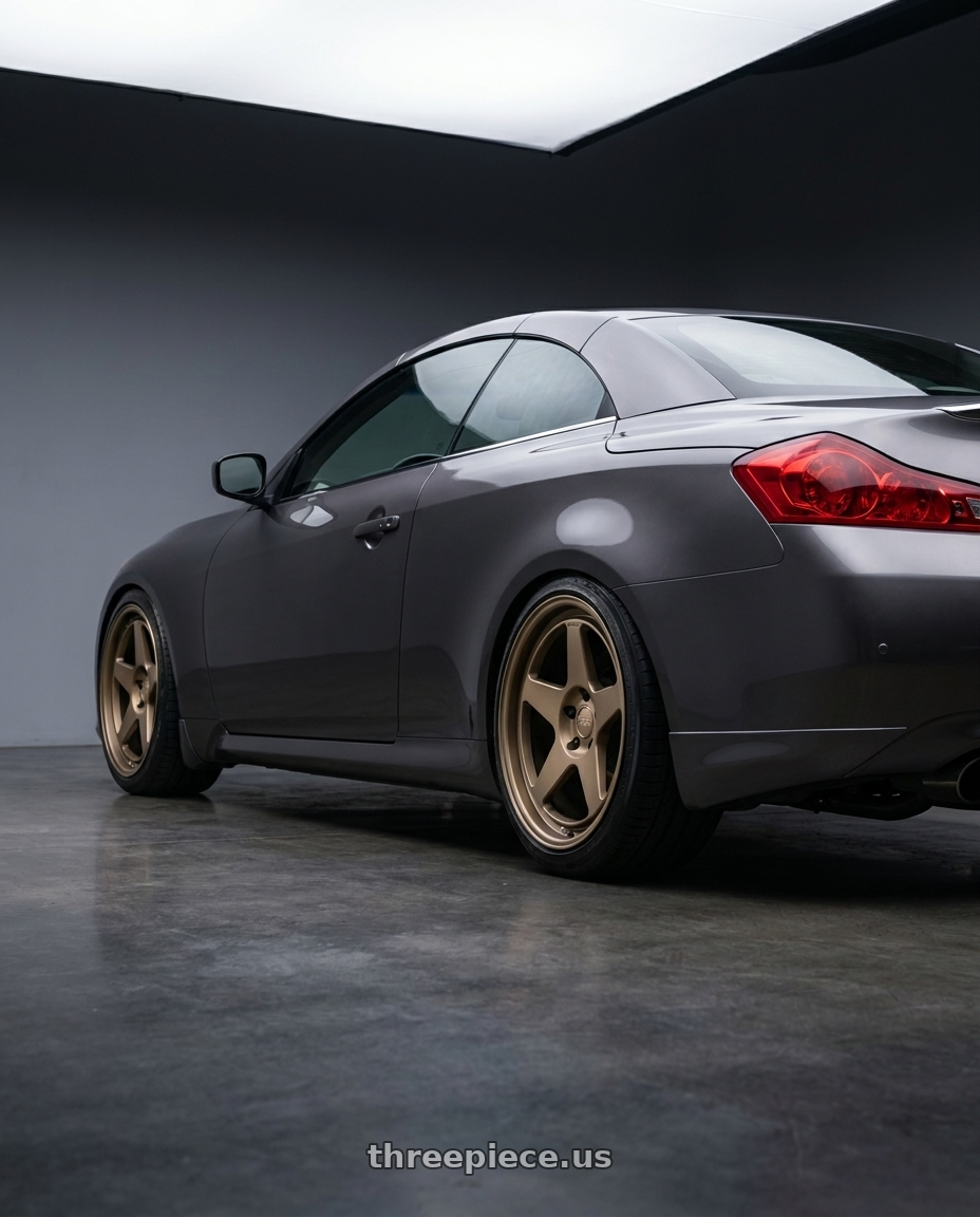 2009 G37 Convertible with Kansei K12B KNP 5X120 18x8.5 35 Bronze wheels rear three quarter view square tires