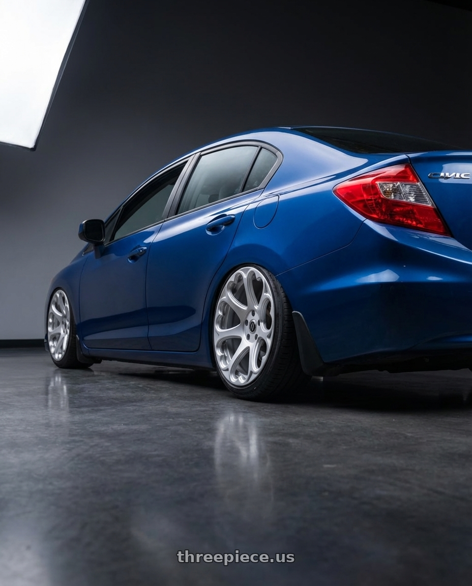 2012 Civic EX with HERITAGE WHEEL KOKORO MONOC 5x114.3 17x8 +25 SILVER wheels rear three quarter view slight stretch tires