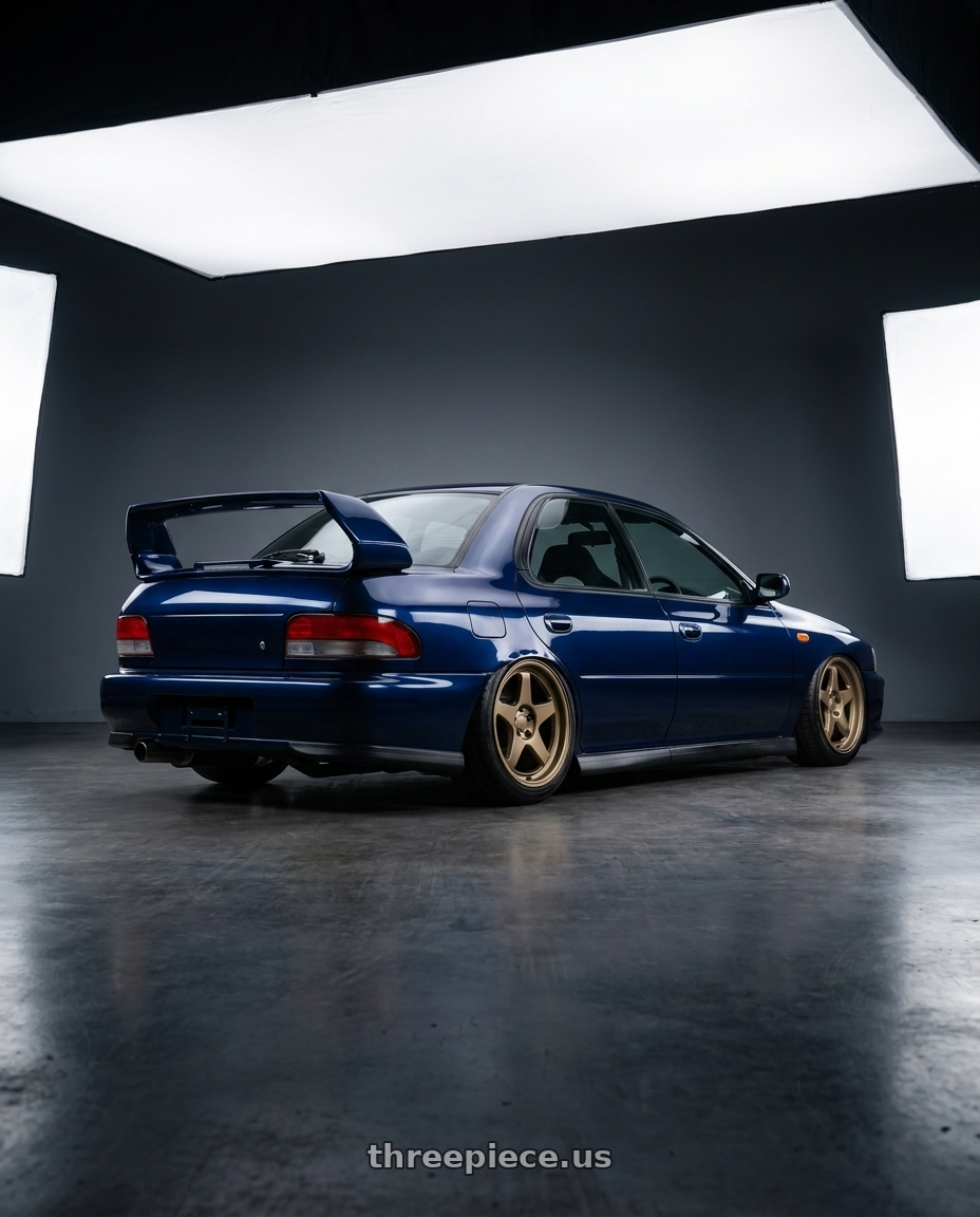 1998 Subaru impreza gc8 with Kansei K12B KNP 5X100 17x9 35 Bronze wheels rear three quarter view slight stretch tires