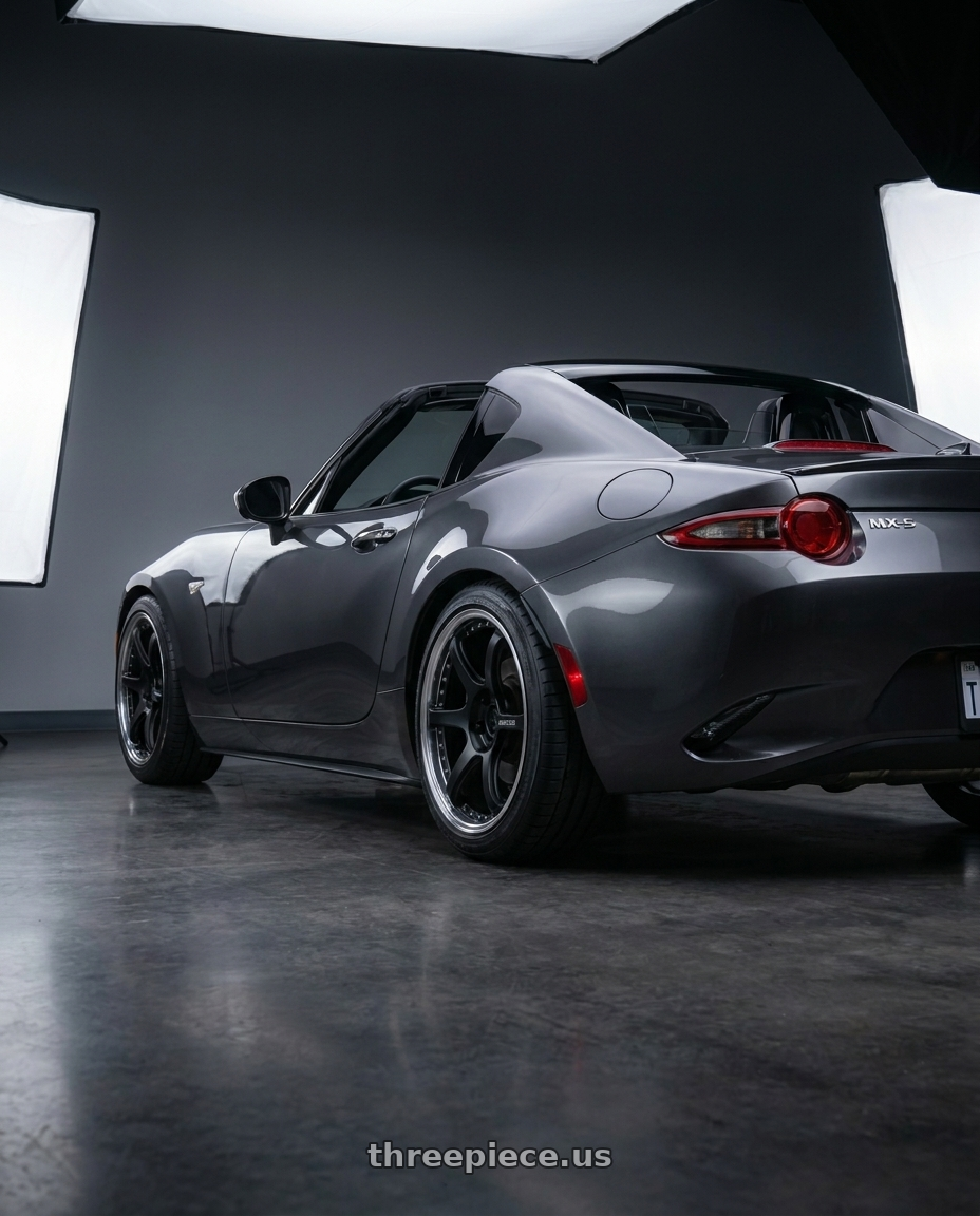 2023 mx-5 RF GT with Work Rizaltado Mesh 4x100 17x7.5+45 O Disk Matte Black wheels rear three quarter view square tires