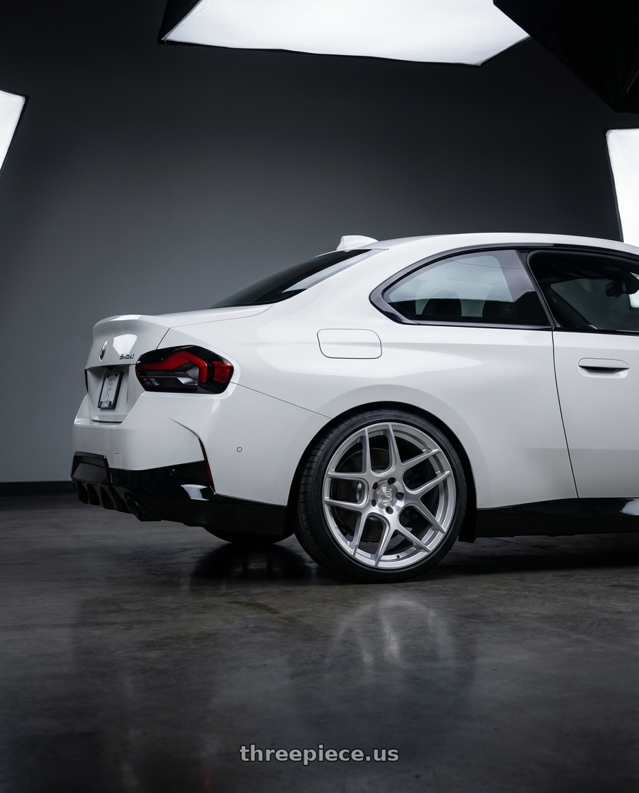 2024 BMW 2 Series G42 with Aodhan AFF2 5x112 19x9.5+35 Gloss Silver Machined Face wheels rear three quarter view square tires