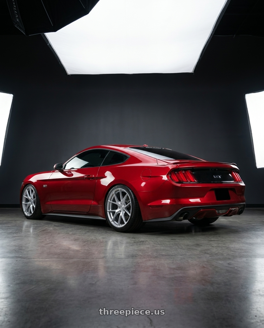 2015 mustang gt with Aodhan AFF7 5x114.3 19x9.5+35 Gloss Silver Machined Face wheels rear three quarter view square tires