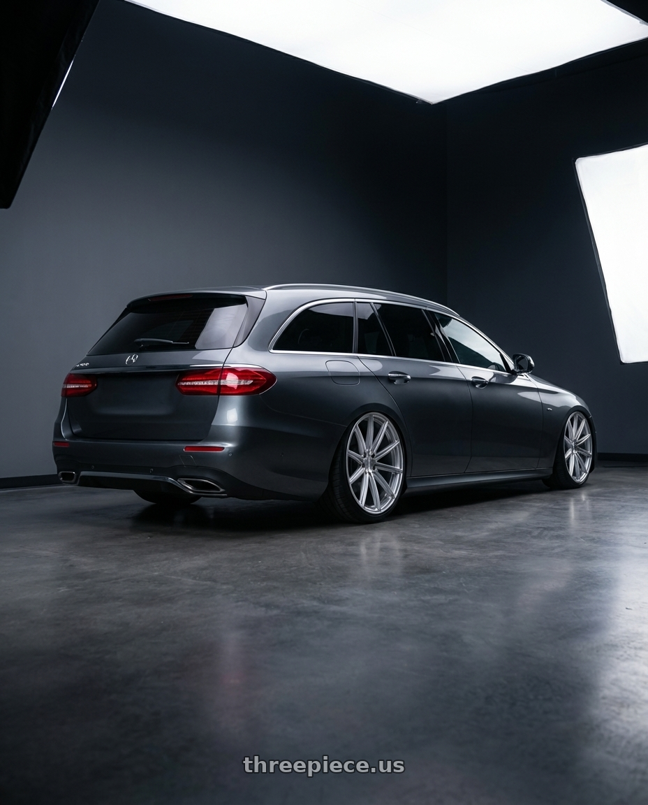 2020 mercedes e300de wagon with XO LONDON 5X112 19X10 +52 SILVER W/ BRUSHED FACE wheels rear three quarter view slight stretch tires