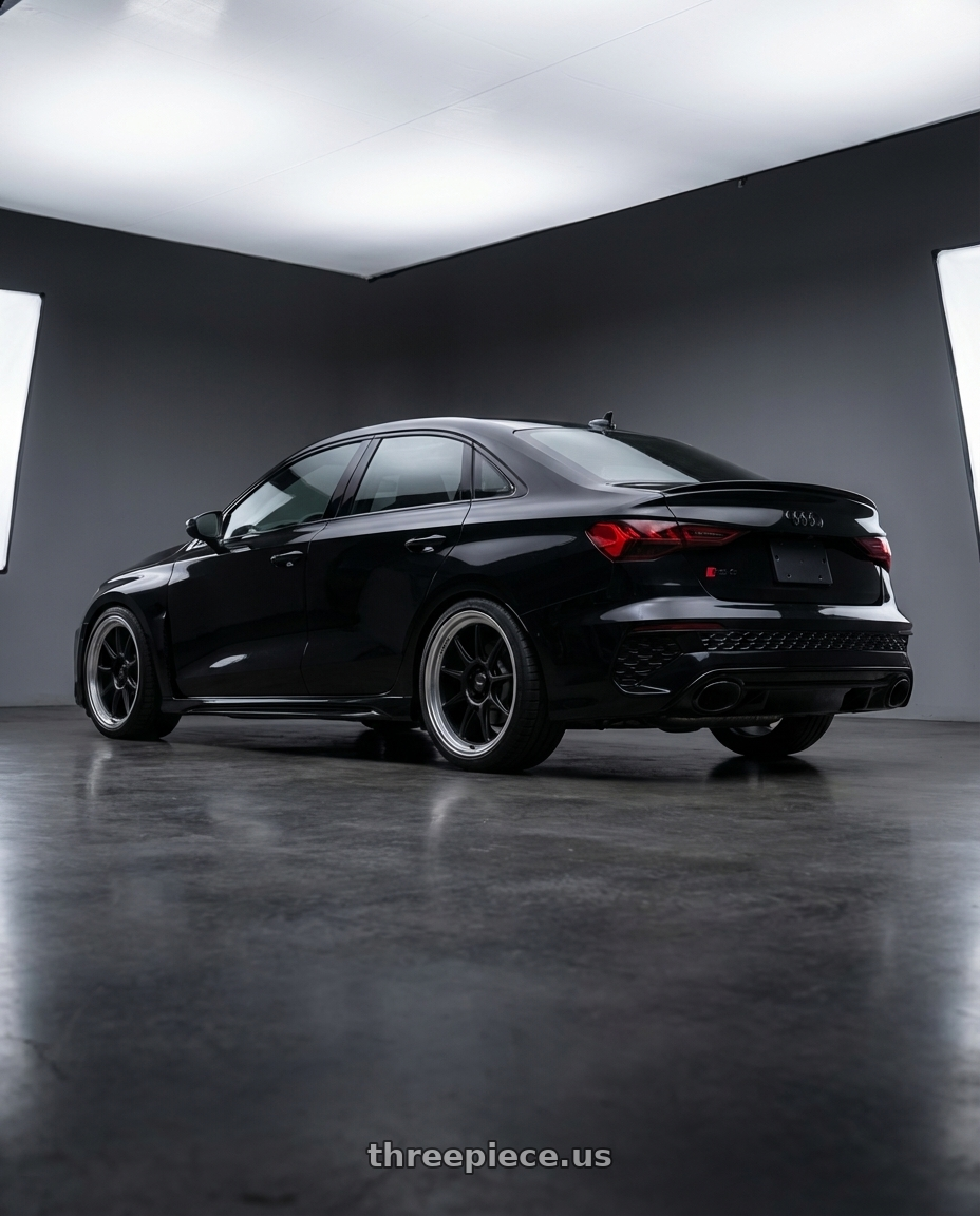 2022 Audi RS3 8Y with Konig Countergram 5x112 19x9.5+30 Matte Black / Matte Machined Lip wheels rear three quarter view square tires