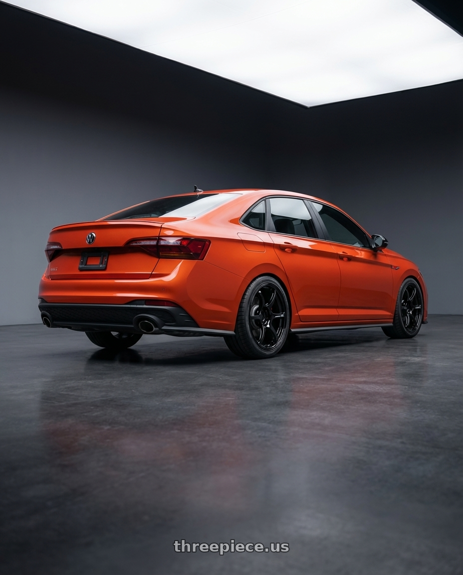 2023 Volkswagen Jetta GLI MK7 with Advan RGIII 5x112 18x8+42 Gloss Black wheels rear three quarter view square tires