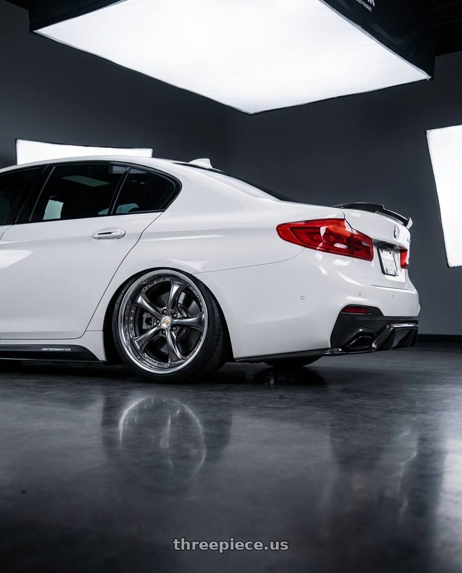 2019 bmw 540i alpine white with Work Wheels VS-KF 5x112 20x8+20 Brilliant Silver Black R Disk FULL REVERSE wheels rear three quarter view slight stretch tires