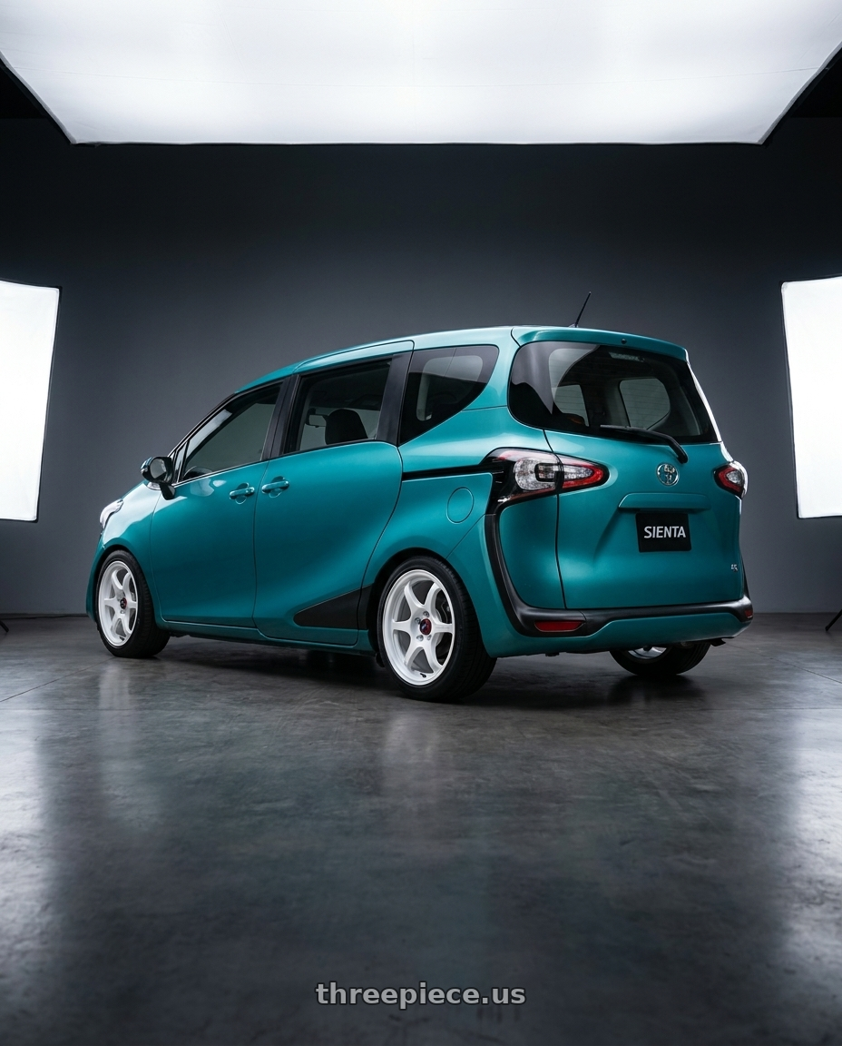 2020 toyota sienta with Enkei PF06 5x114.3 16x8+30 White Machined wheels rear three quarter view square tires