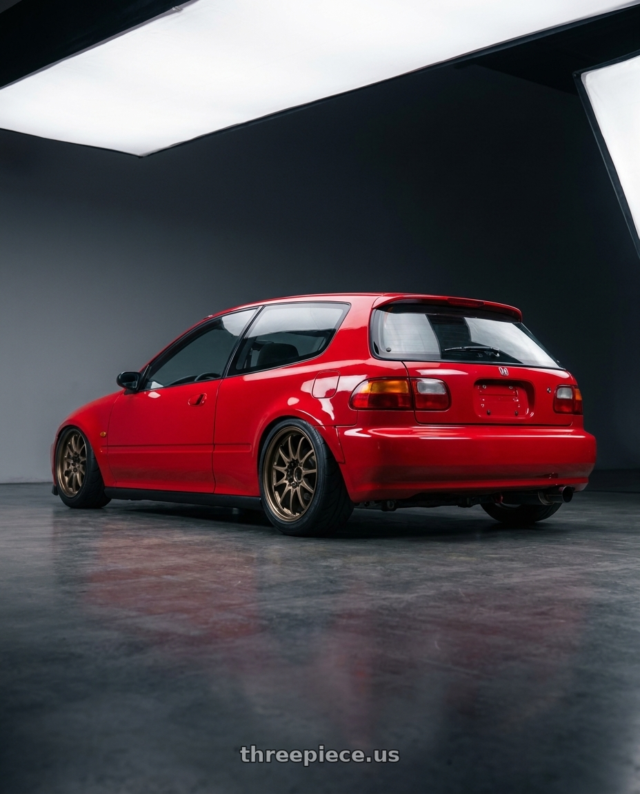 1995 honda eg6 with Volk Racing CE28N 5x114.3 18x8.5 +30 BRONZE wheels rear three quarter view meaty tires