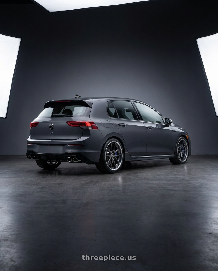 2026 Volkswagen Golf R Graphite with Ssr Reiner Type 10R 5x112 18X8.5 45 Hyper Disk Prism Dark Gunmetal wheels rear three quarter view square tires