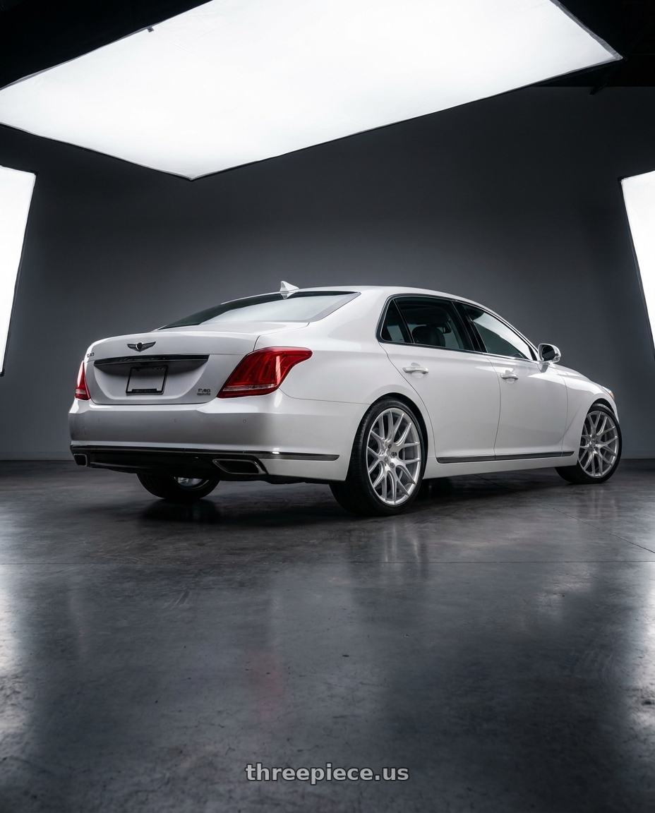 2018 genesis g90 ultimate with DOLCE PERFORMANCE MONZA 5x114.3 20x10 +40 Gloss Silver Machined Face wheels rear three quarter view square tires