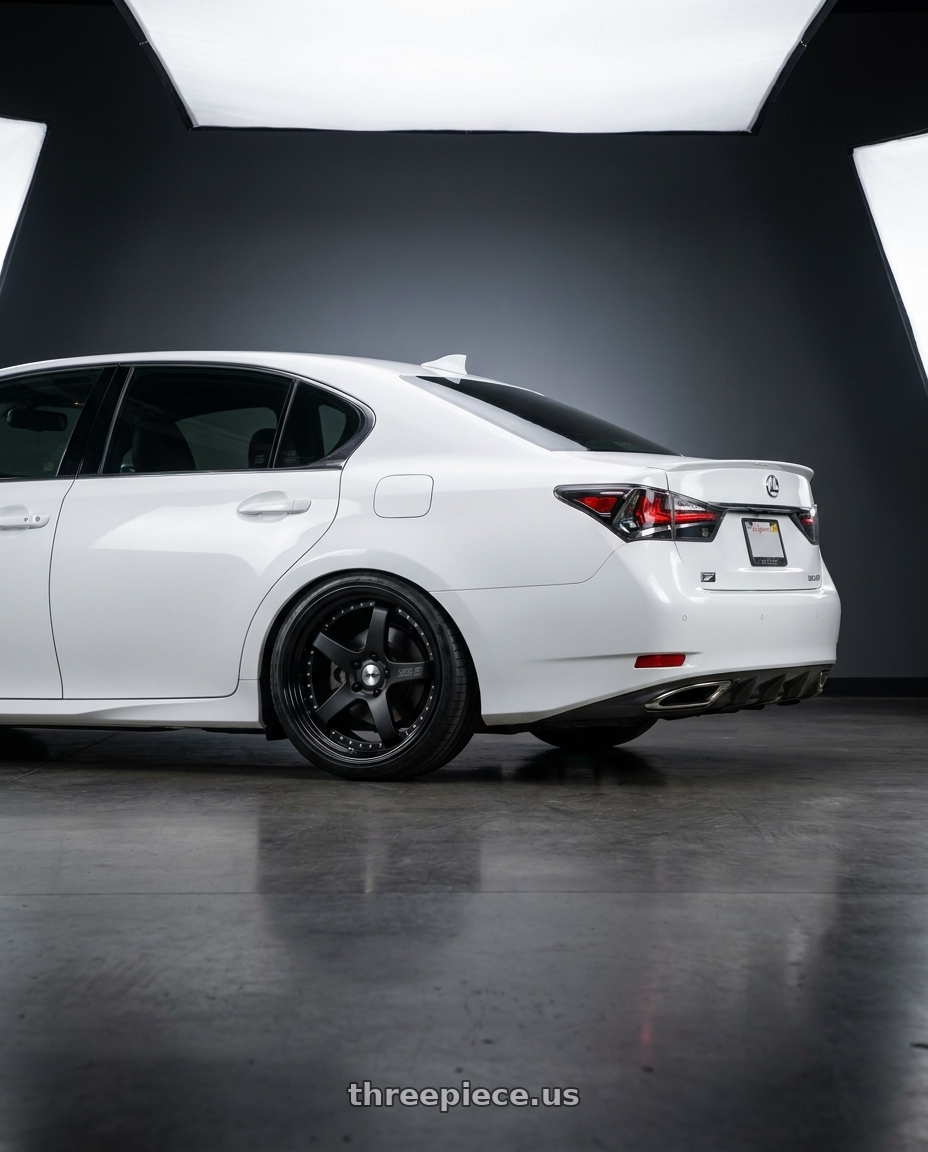 2018 Lexus GS 350 F Sport with SSR Professor SP4 4X100 18X9.5 0 HP Disk Flat Black wheels rear three quarter view slight stretch tires