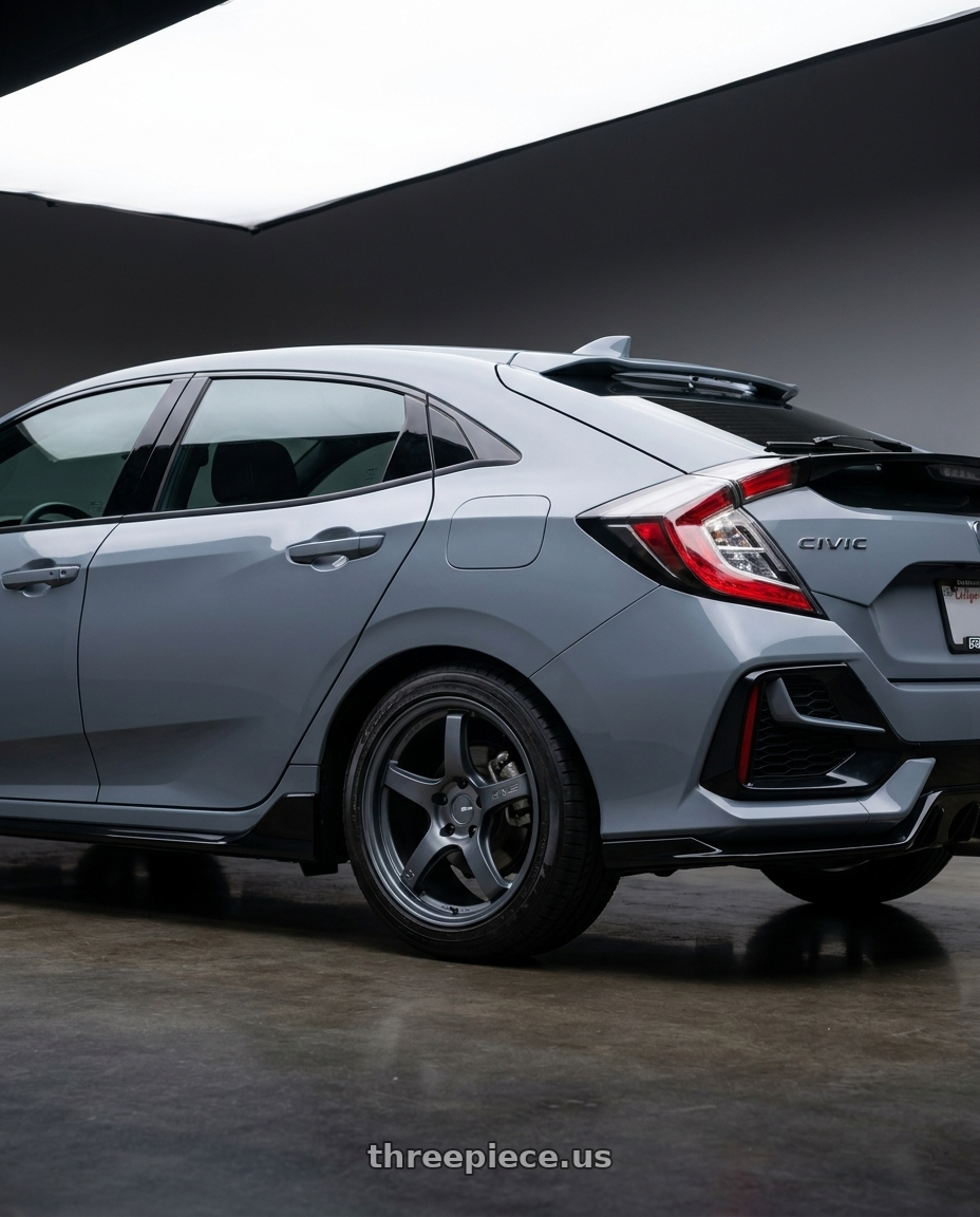 2021 Honda Civic sports Hatchback with Gram Lights 57CR 5x114.3 18x8.5+37 Gunblue II wheels rear three quarter view square tires