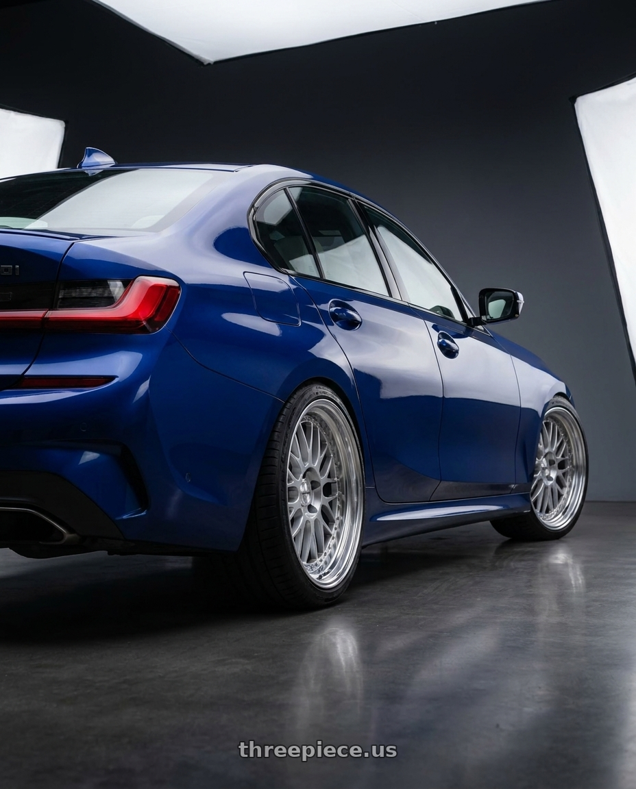 2020 BMW M340i with Work Meister M1 3p 5x112 19x8.5+30 O Disk Silver wheels rear three quarter view square tires