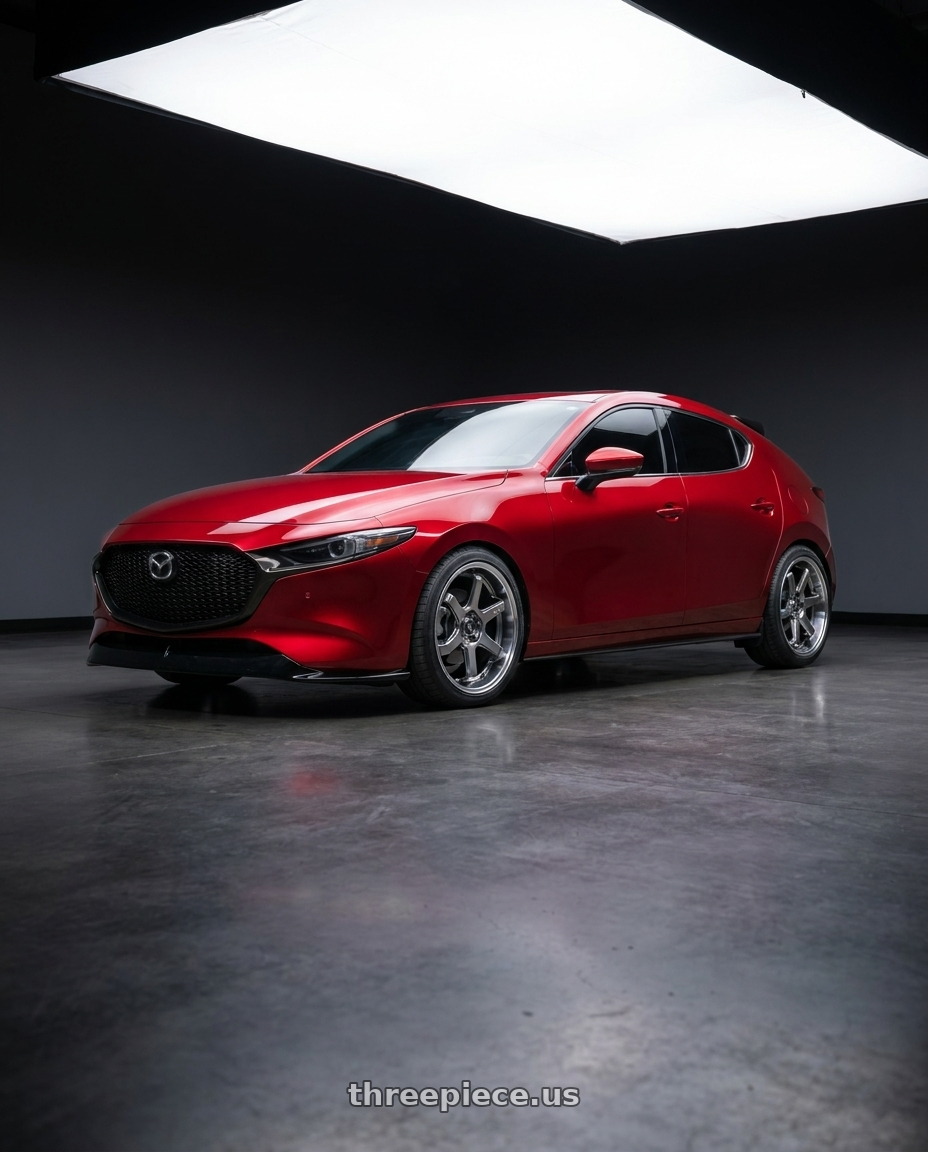 2026 Mazda 3 hatchback soul red with F1R FC7 5x114 18x8.5 +38 Hyper Black/Polish Lip wheels