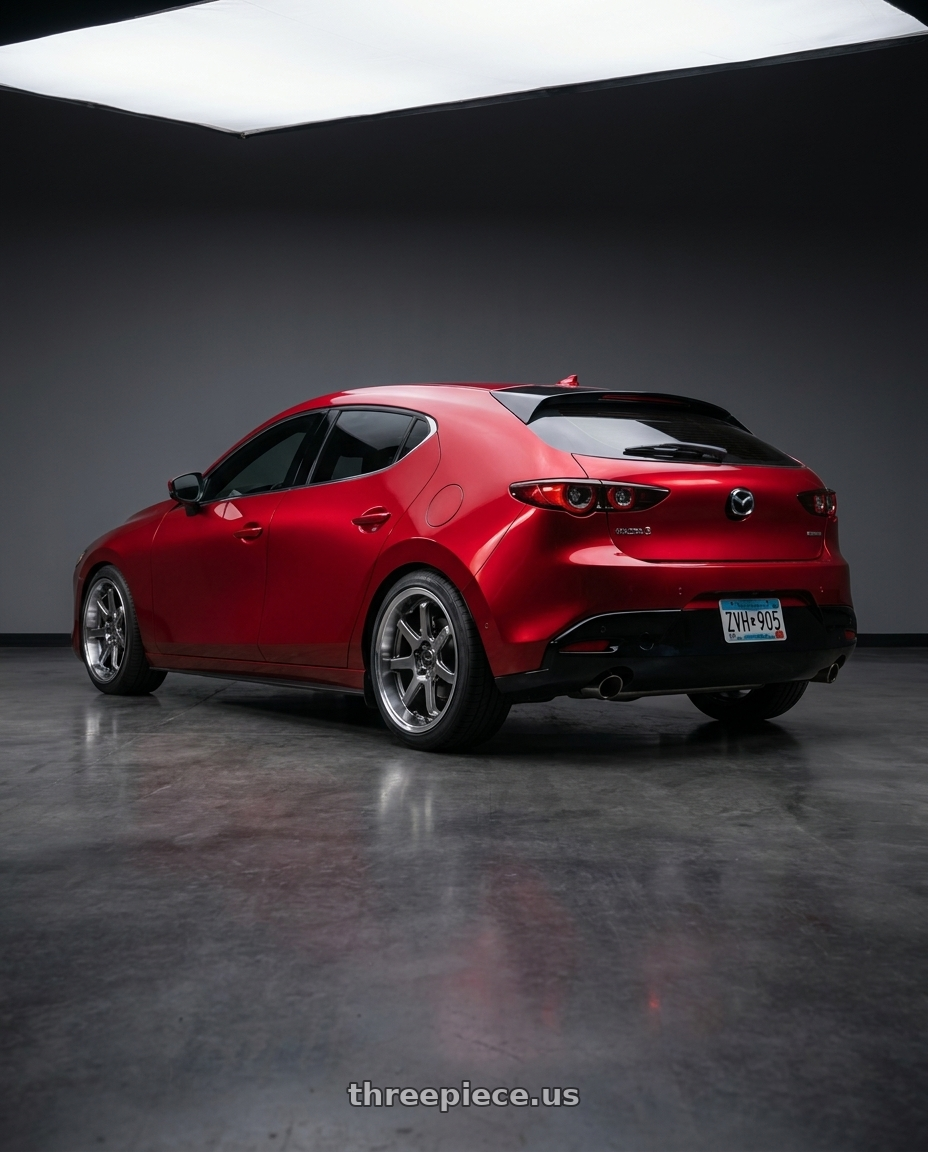 2026 Mazda 3 hatchback soul red with F1R FC7 5x114 18x8.5 +38 Hyper Black/Polish Lip wheels rear three quarter view square tires