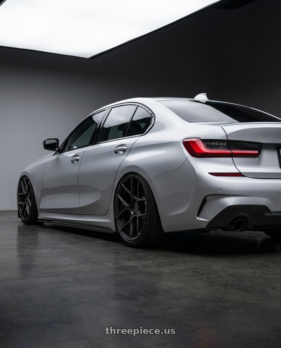 2023 BMW 3 Series G20 with Aodhan AFF2 5x112 19x8.5+35 Matte Black wheels rear three quarter view slight stretch tires