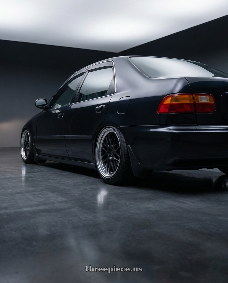 1995 Honda Civic 4dr LX with Work Rizaltado Mesh 4x100 16x6.5+38 O Disk Matte Black wheels rear three quarter view slight stretch tires