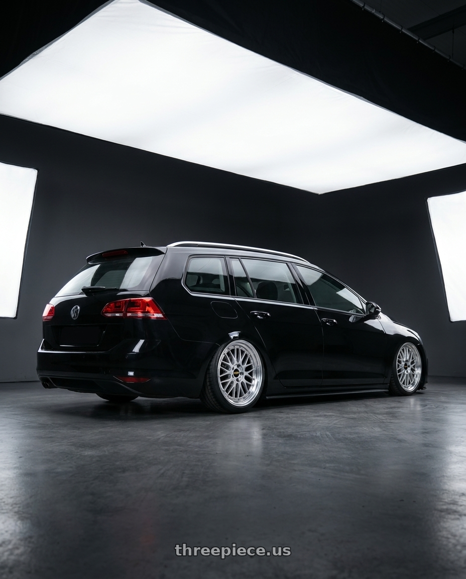 2014 Volkswagen Golf Variant with BBS LM 5x114.3 17x7.5+38 Diamond Silver wheels rear three quarter view slight stretch tires