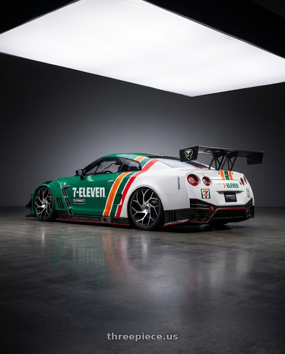 2025 NISSAN GT-R NISMO GT3(TARMAC WORKS × 7-ELEVEN TAIWAN 7-11限定紀念車) with Ignite Inferno 5x115/5x120 24x9.5 +15 Gloss Black Machined wheels rear three quarter view slight stretch tires