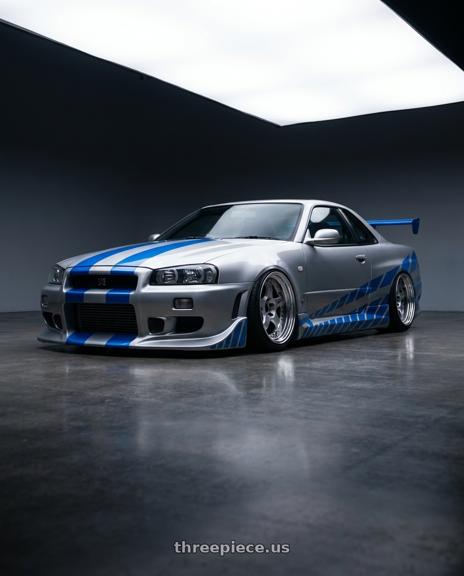1998 Nissan Skyline GT-R R34 with Work Meister S1 3P 5x114.3 19x10+10 O Disk Silver wheels
