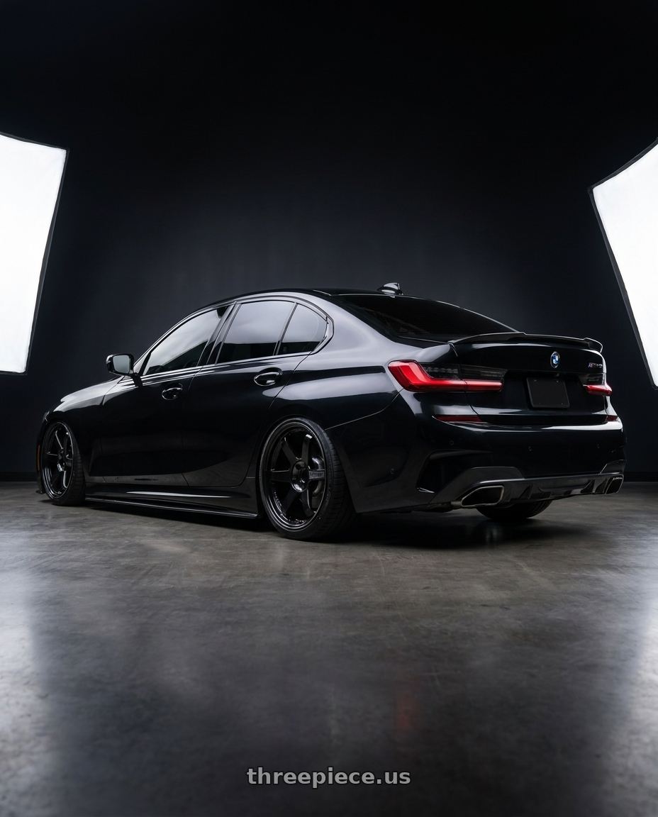 2020 bmw m340i m performance package shadow line package with Volk Racing TE37SL 5x112 19x10.5 +35 DIAMOND BLACK wheels rear three quarter view slight stretch tires