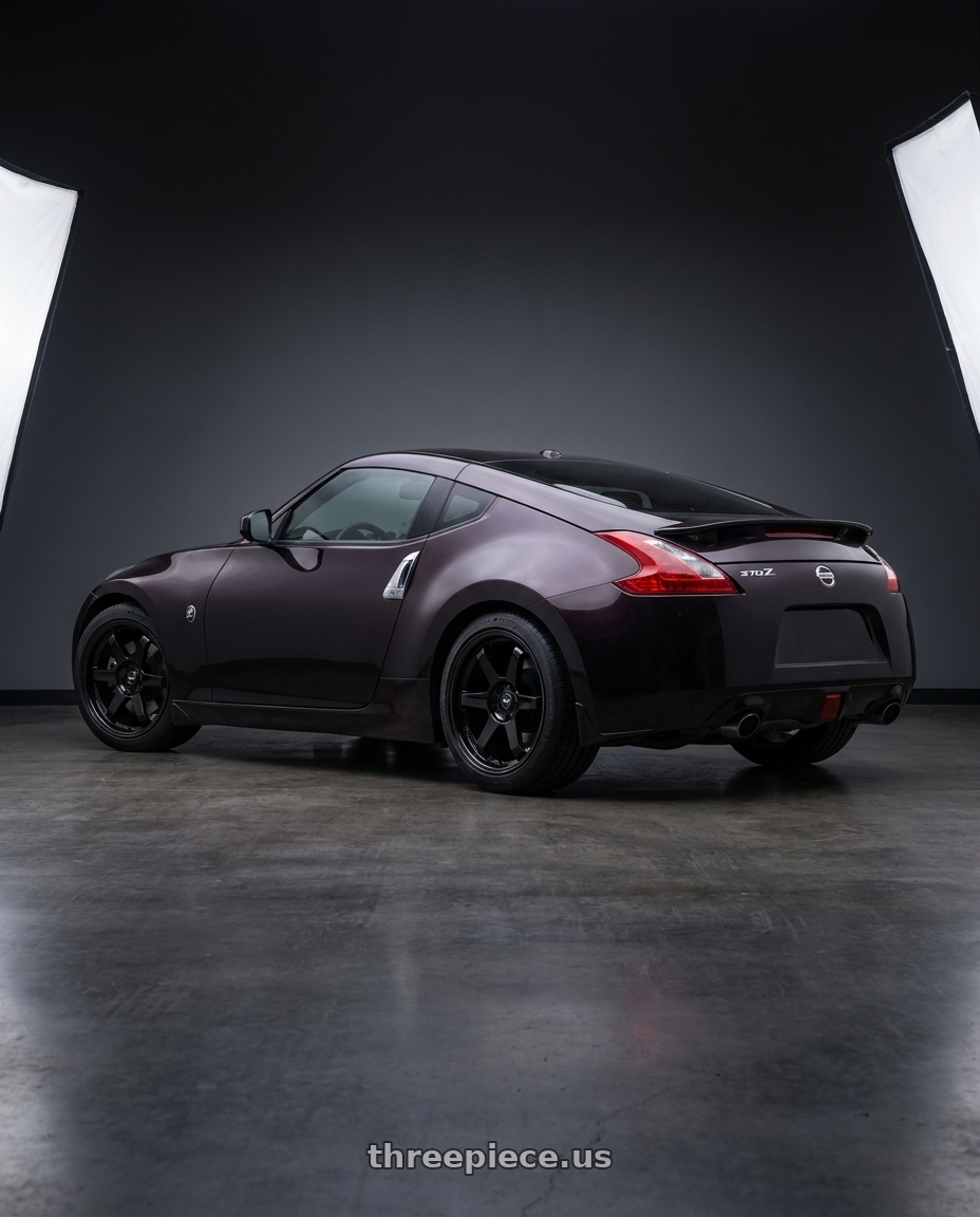 2016 Nissan 370z with Vors TR37 5x114.3 18x8.5  +35 Gloss Black wheels rear three quarter view square tires