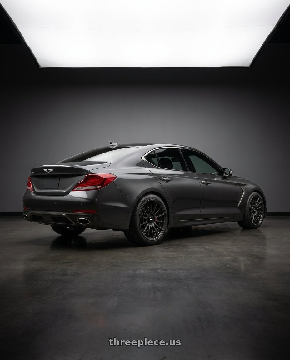 2019 genesis g70 with Rotiform LAS-R BLANK 19x10 +25 Matte Black wheels rear three quarter view square tires