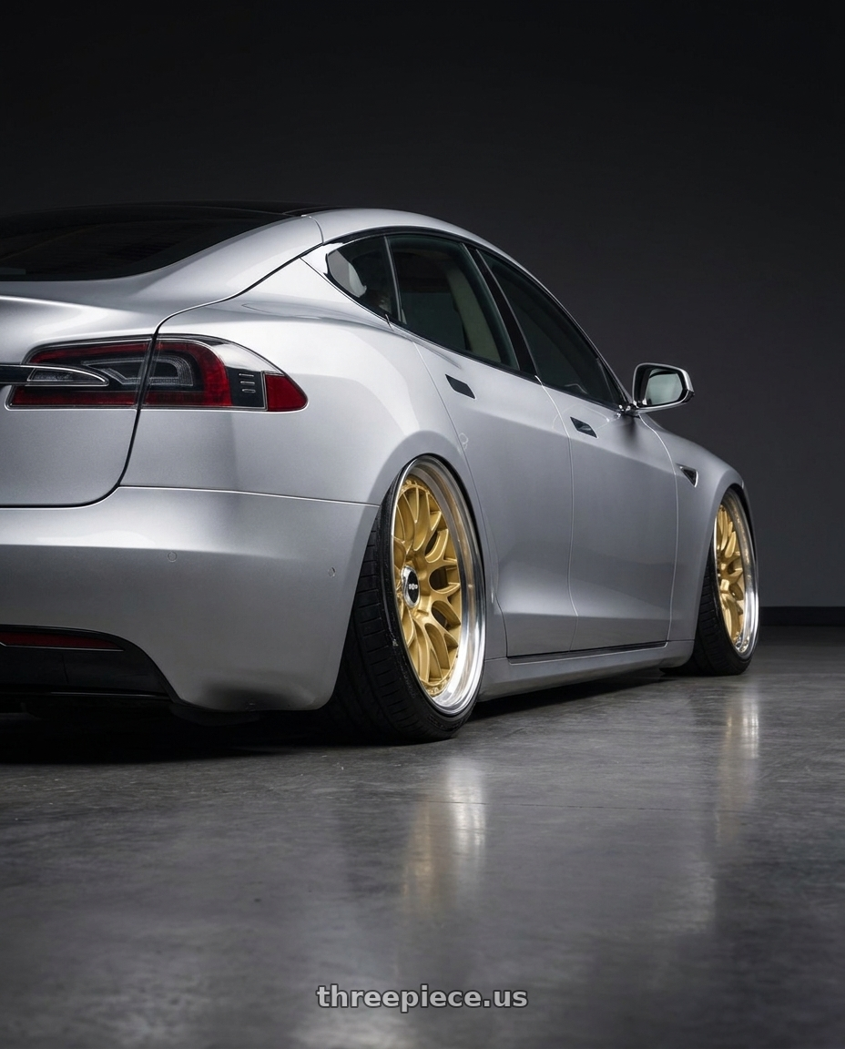 2018 tesla model s with Rotiform LSR 5x100 18x9.5 +25 Matte Gold Machined wheels rear three quarter view extreme stretch tires