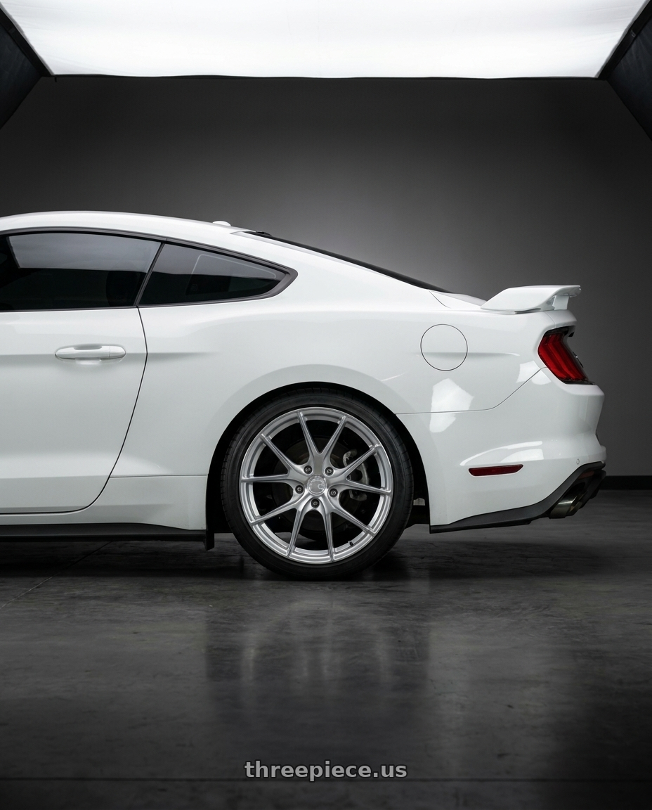 2019 mustang gt with Aodhan AFF7 5x114.3 20x9+30 Gloss Silver Machined Face wheels rear three quarter view square tires