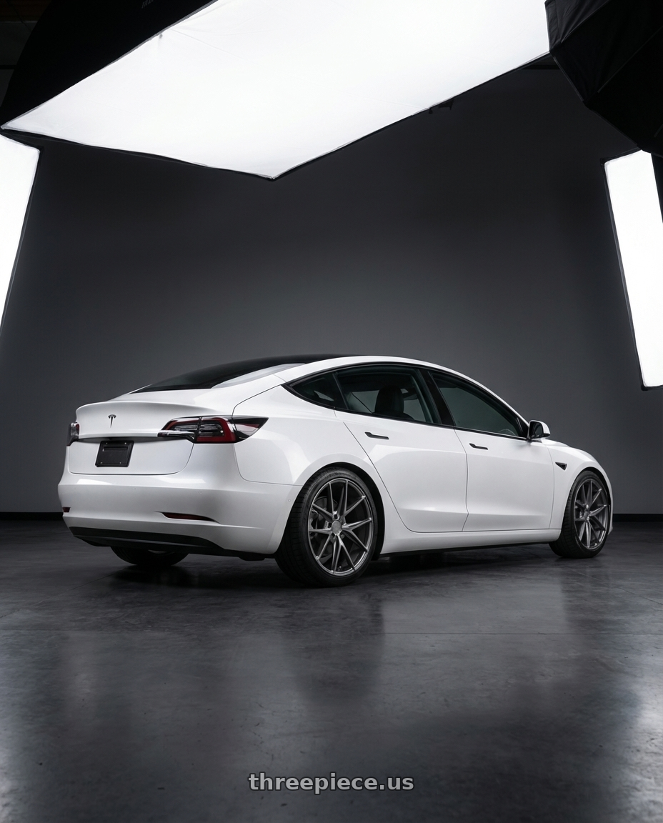 2023 Tesla Model 3 with Niche 1PC M116 MISANO 5X114.3 19X9.5 +35 MATTE GUN METAL wheels rear three quarter view square tires