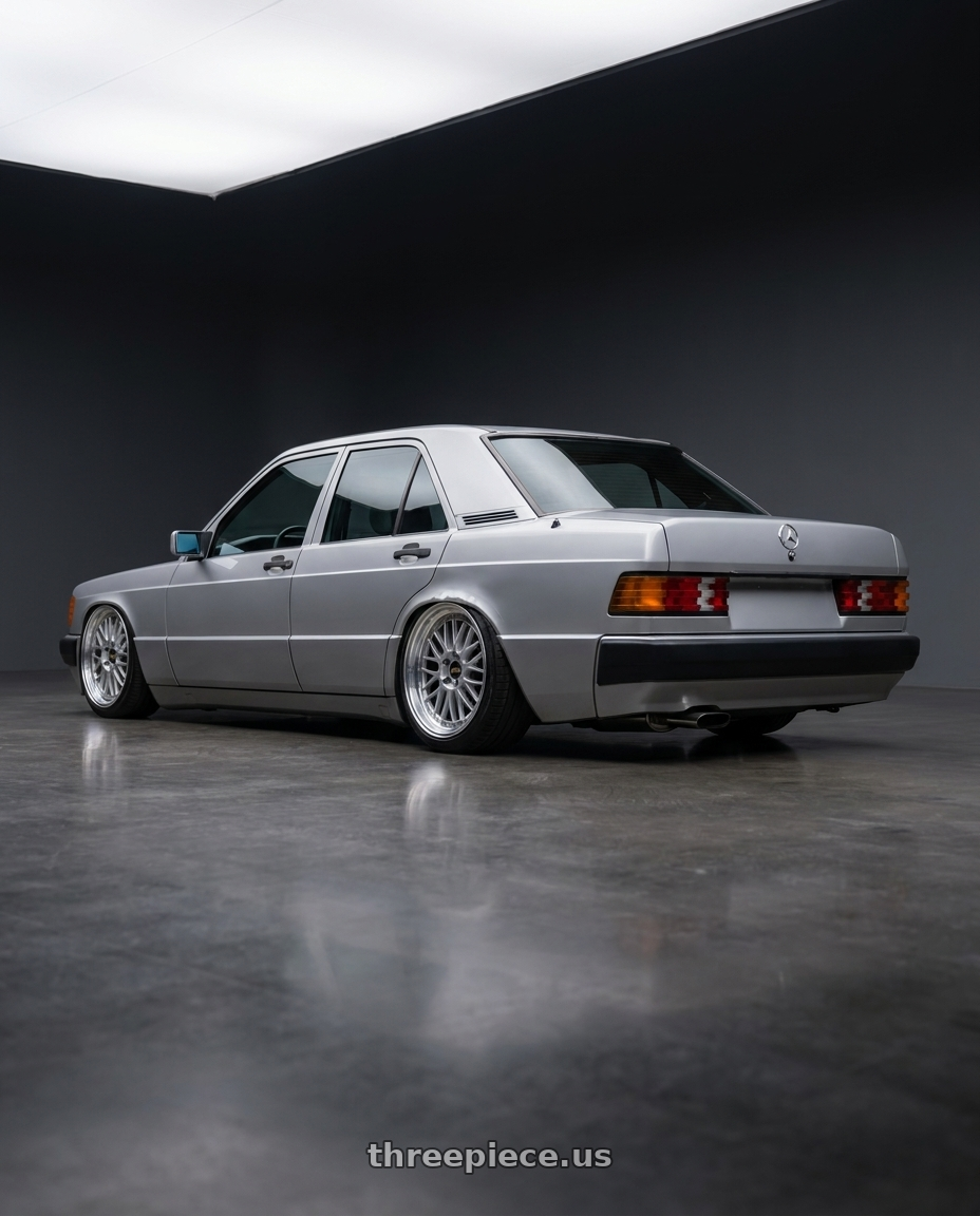 1992 Benz w201 with BBS LM 5x114.3 17x7.5+38 Diamond Silver wheels rear three quarter view slight stretch tires